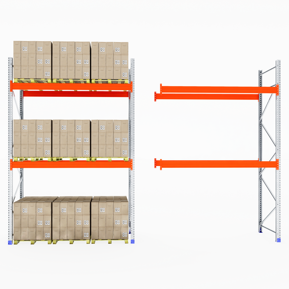 One stocked, one empty RackZone Pallet Racking 1100mm Depth - Starter.