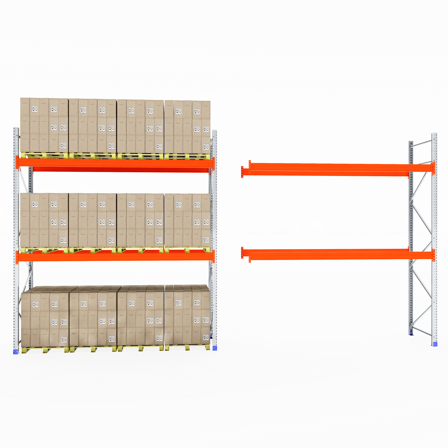A RackZone Pallet Racking 1100mm Starter stands by a rack with boxes.