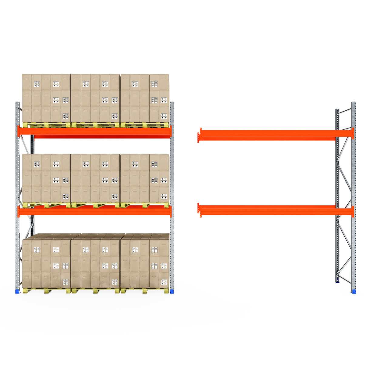 RackZone Pallet Racking 1100mm Depth Extender on right, boxes on shelves left.