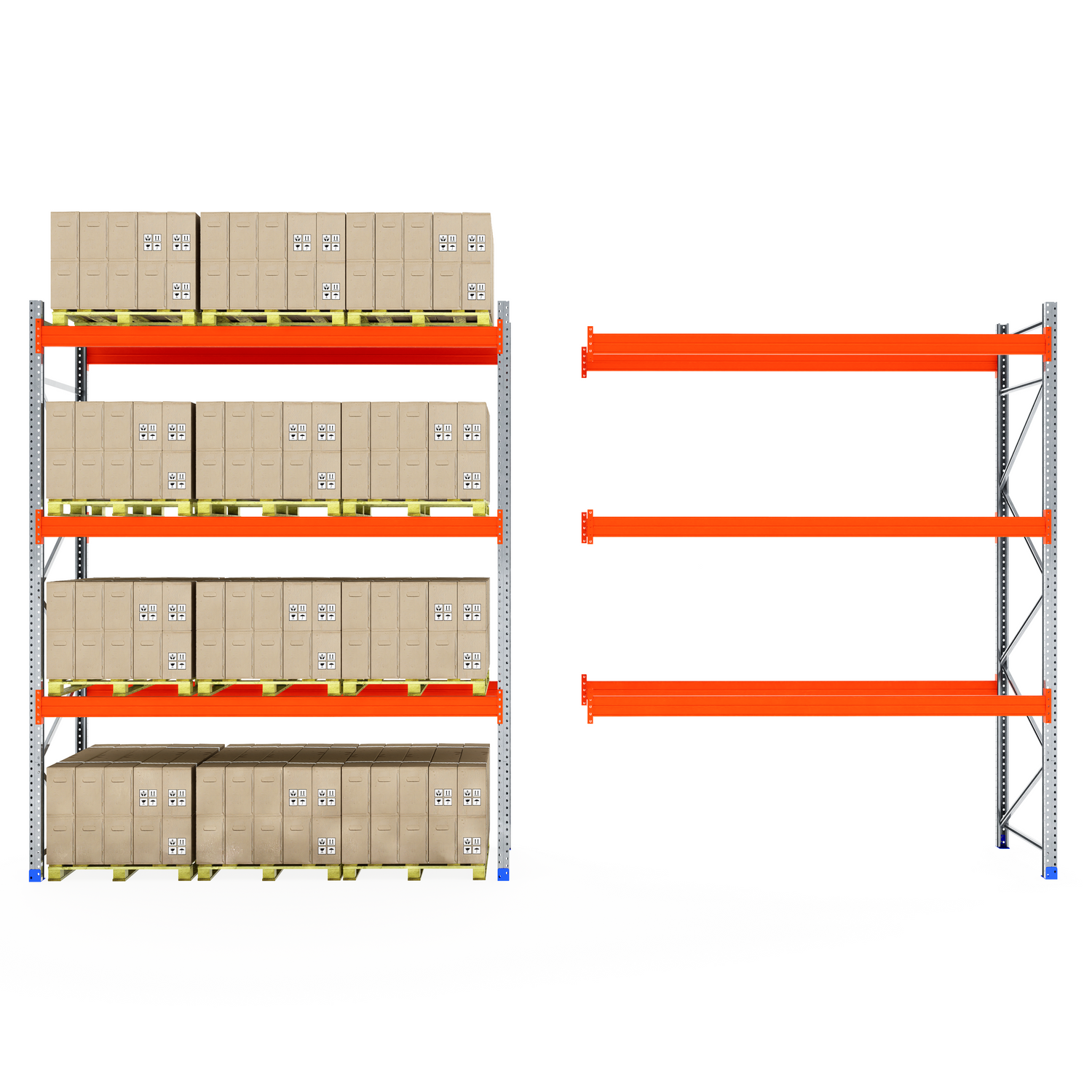 RackZone Pallet Racking 1100mm Extender: one full, one empty with orange frame.