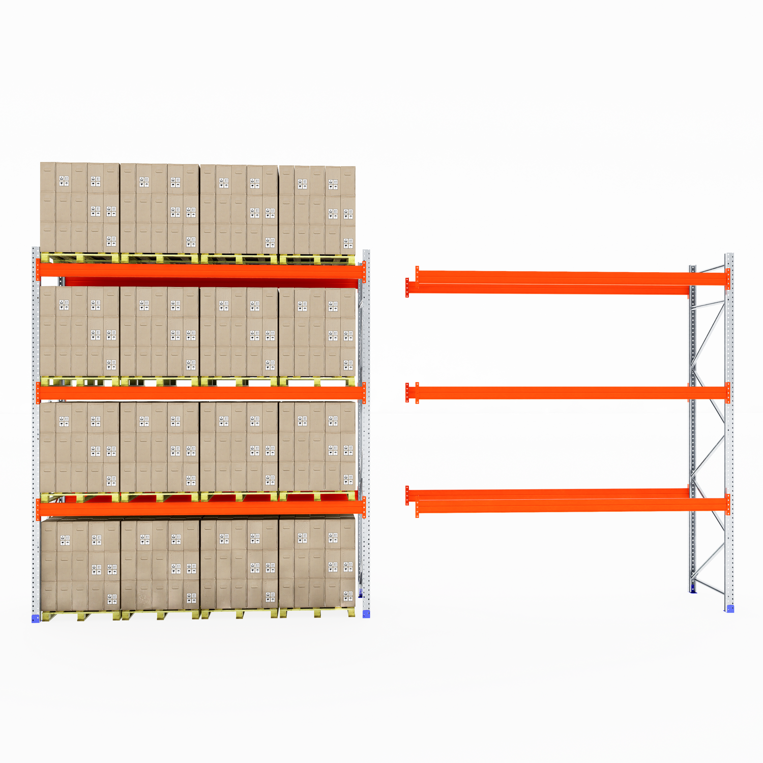 RackZone Pallet Racking Extender and empty orange shelving stand side by side.