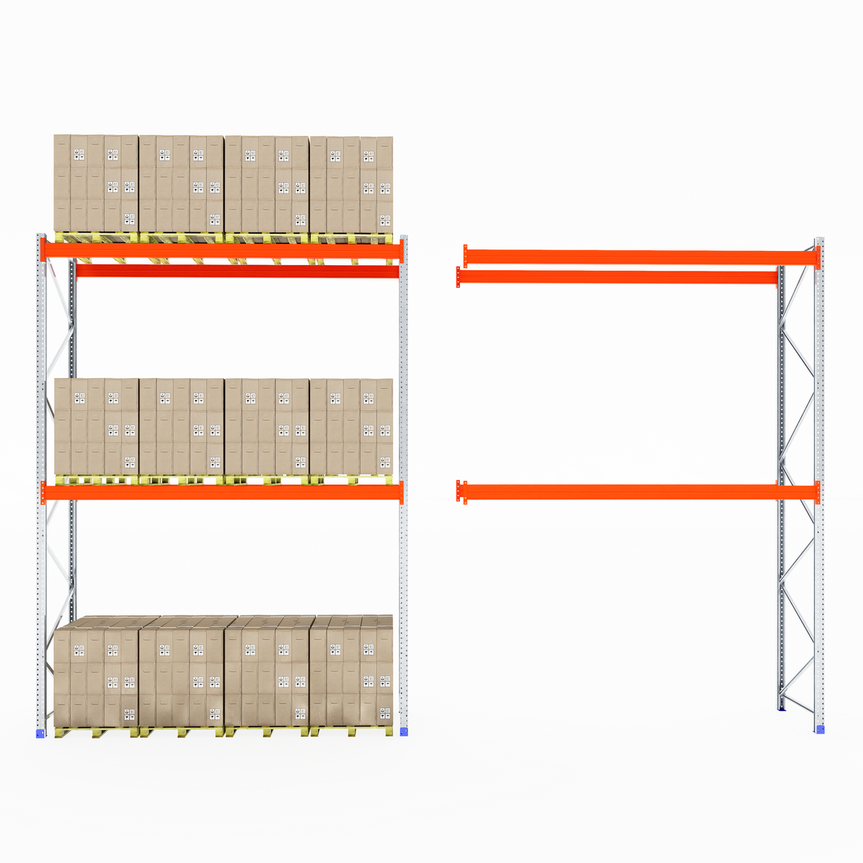 RackZone Pallet Racking 1100mm Depth Extender: one filled, one empty.