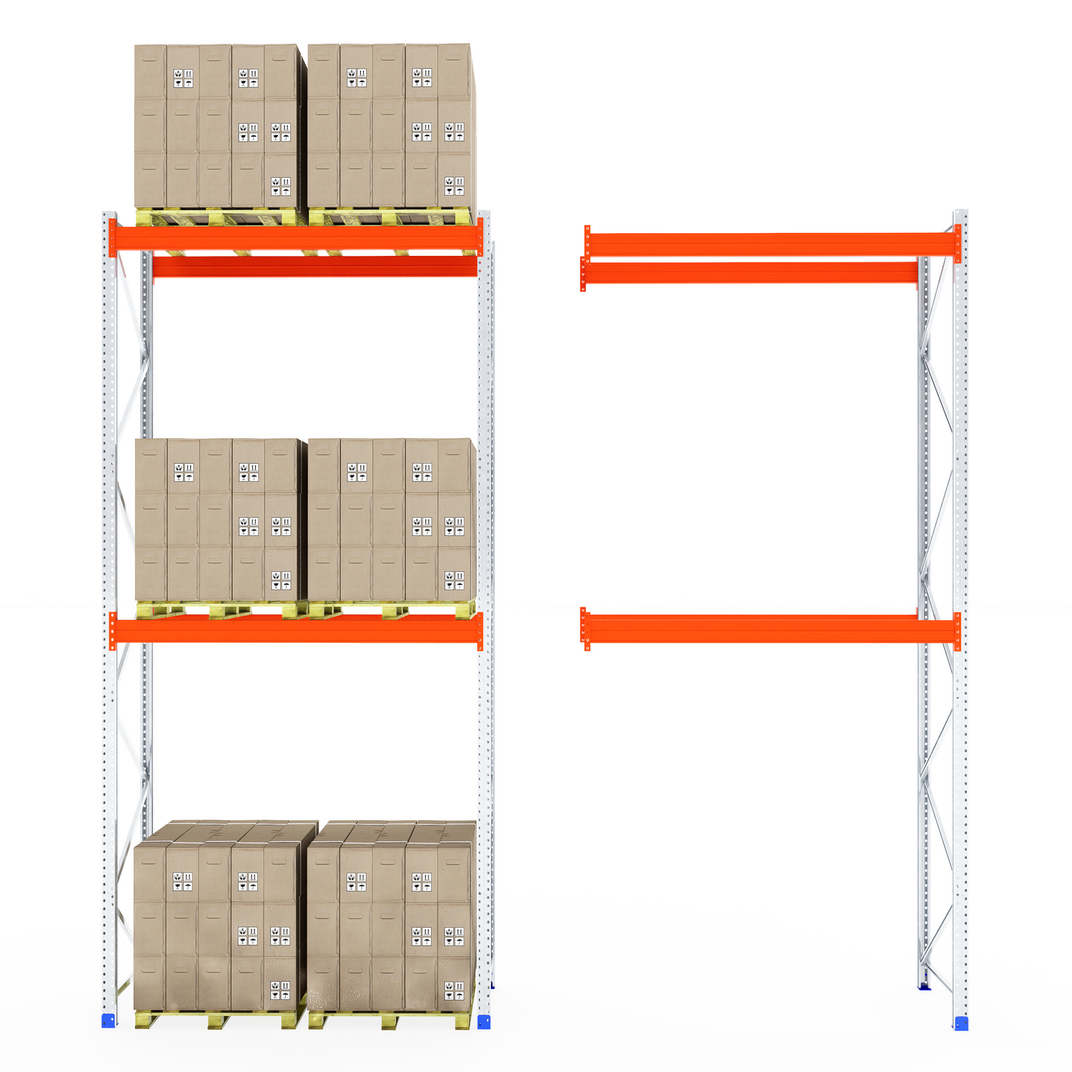 RackZone Pallet Racking 1100mm Depth - Starter, left boxes stacked, right empty.