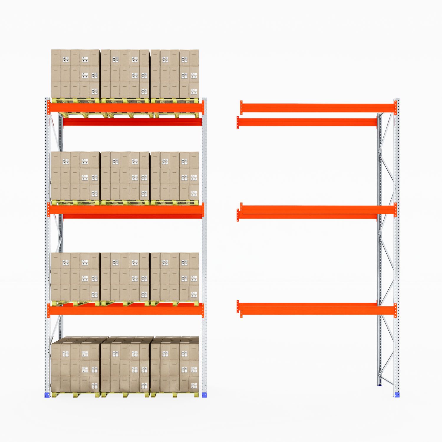 One empty RackZone Pallet Racking 1100mm Depth - Extender, one with boxes.