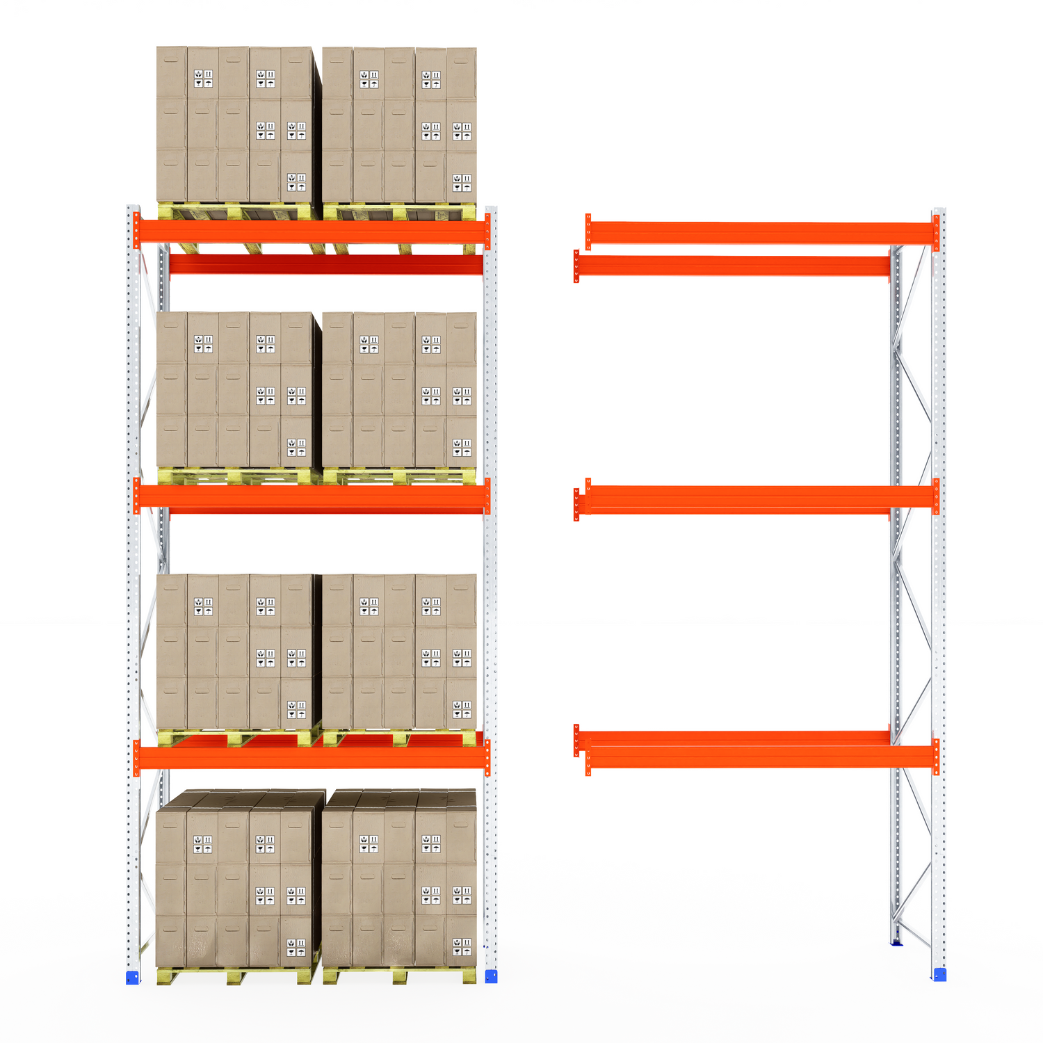 RackZone Pallet Racking 1100mm Extender: shelves left, empty racking right.