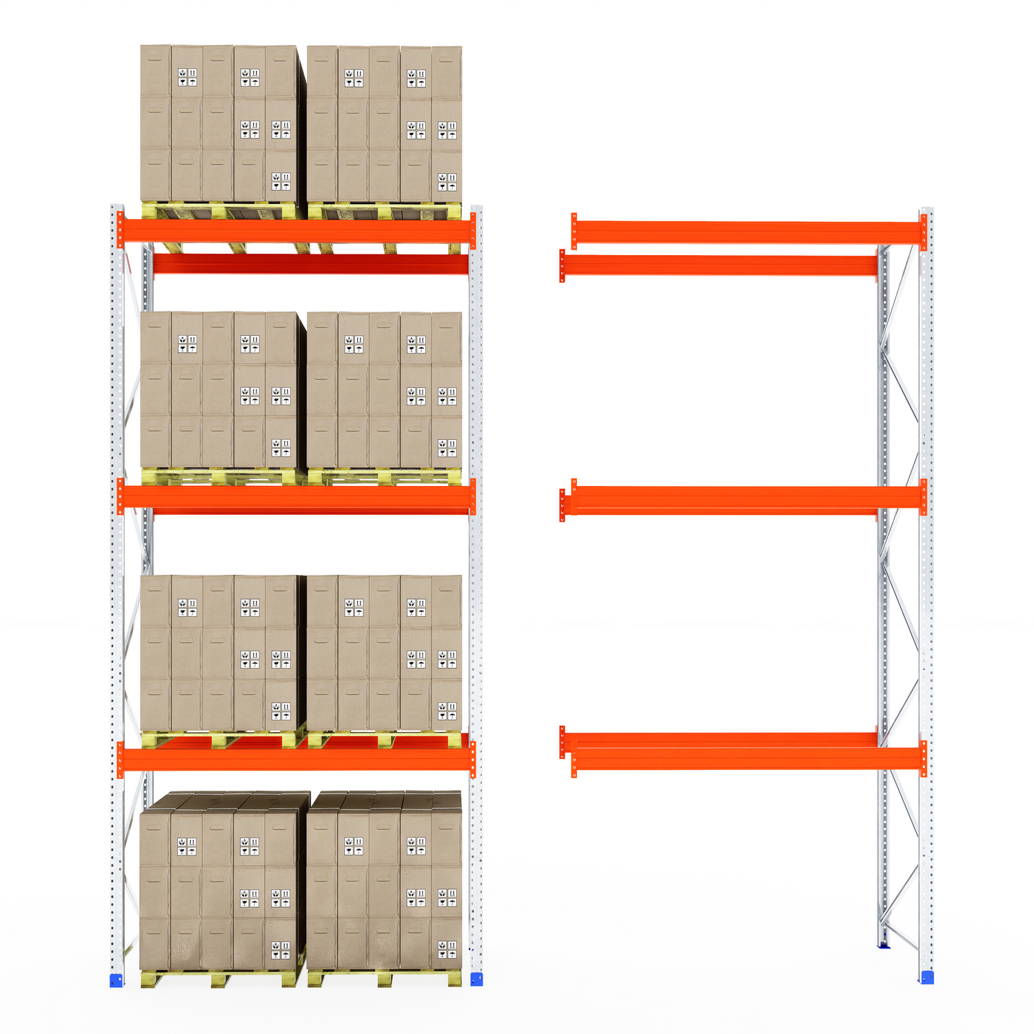 Boxes on shelves (left) and RackZone Pallet Racking 1100mm Depth (right).