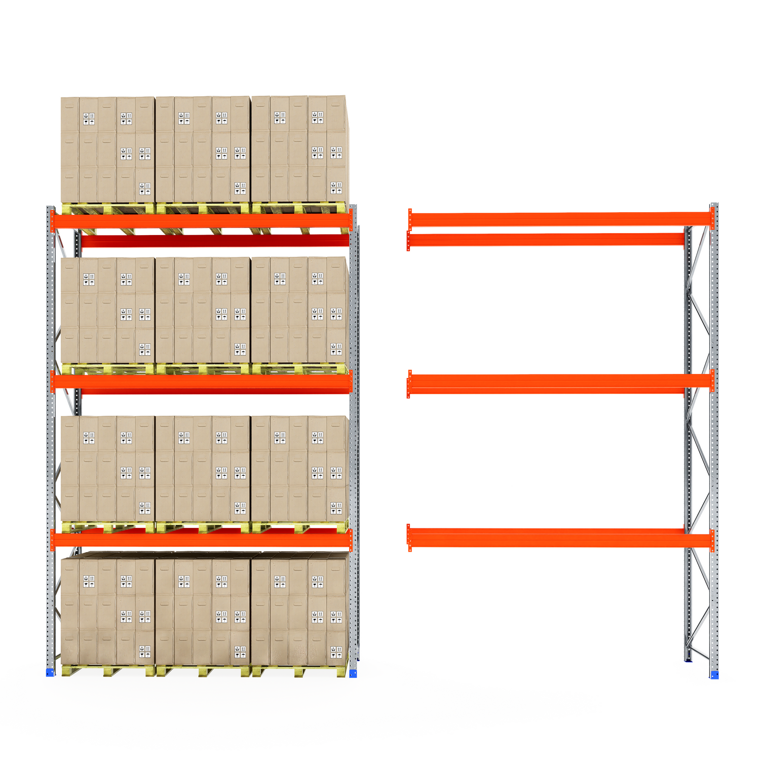 RackZone Pallet Racking 1100mm Extender holds boxes left; right shelves empty.