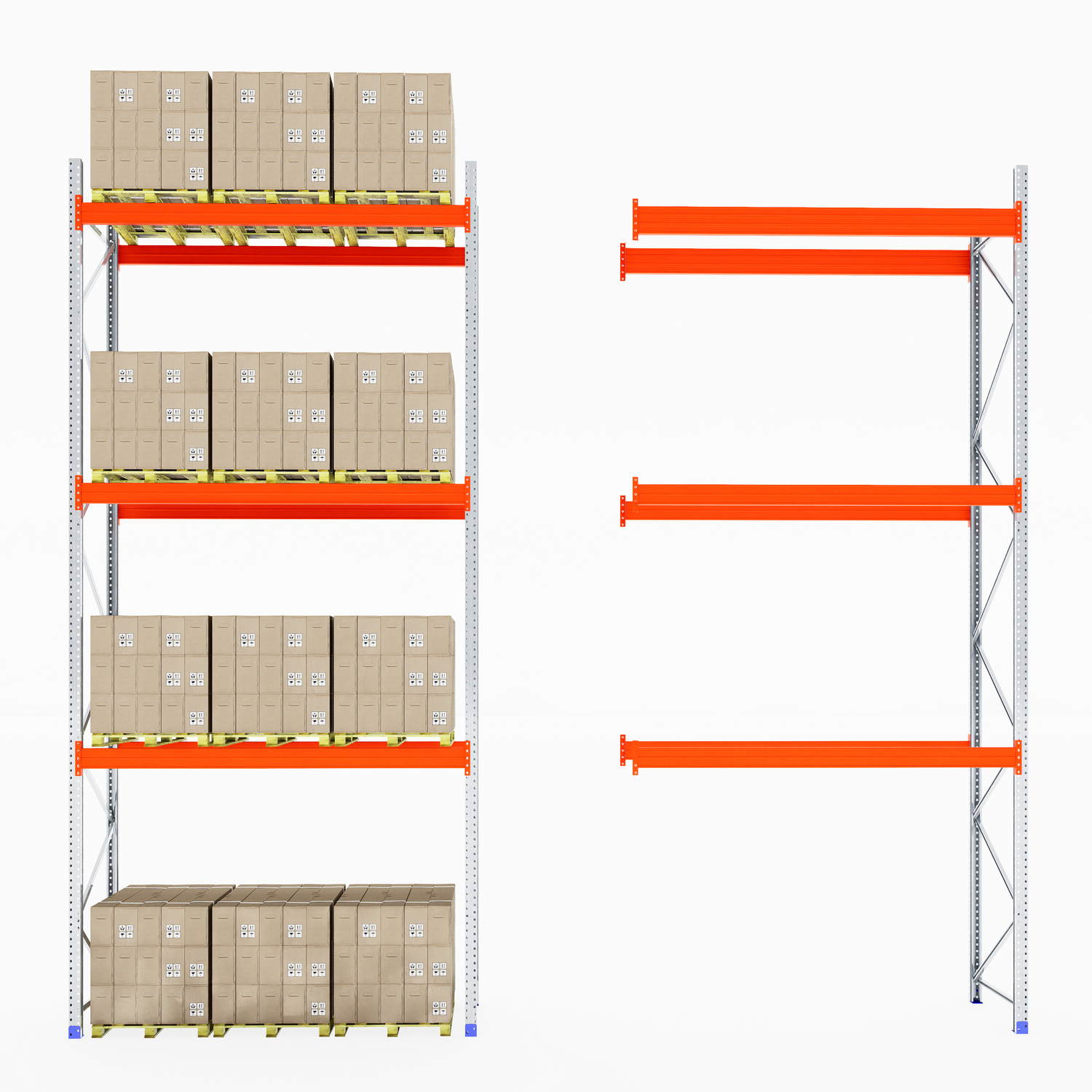 RackZone Pallet Racking 1100mm Extender: full and empty racks with orange beams.