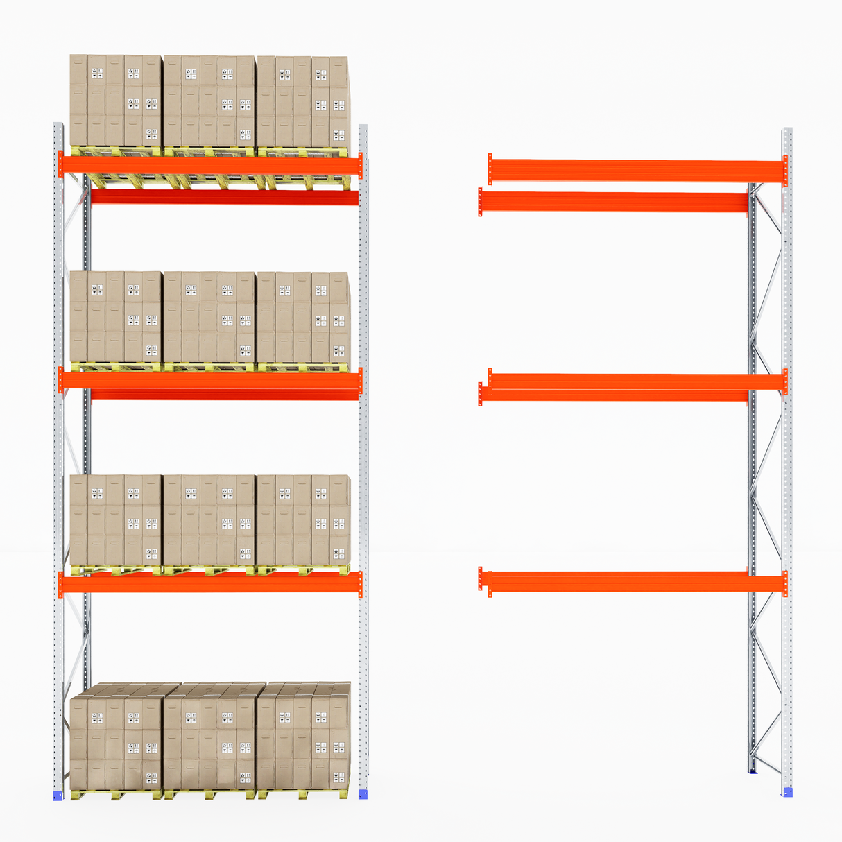 RackZone Pallet Racking 1100mm Extender: full and empty racks with orange beams.