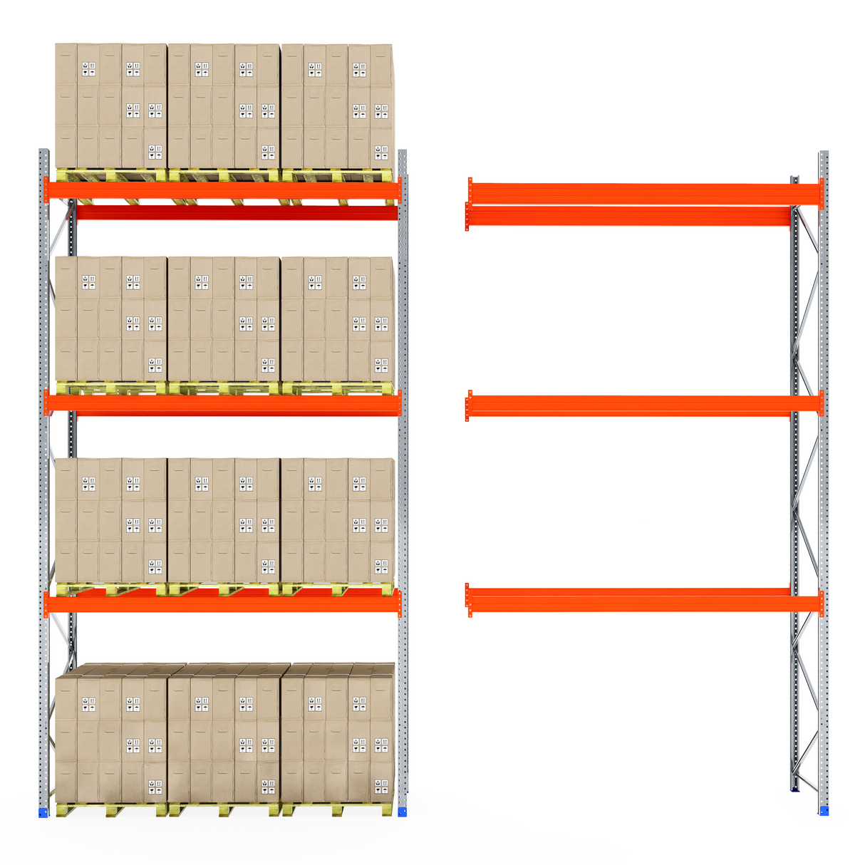 Full Pallet Racking 1100mm with boxes beside empty RackZone Starter unit.