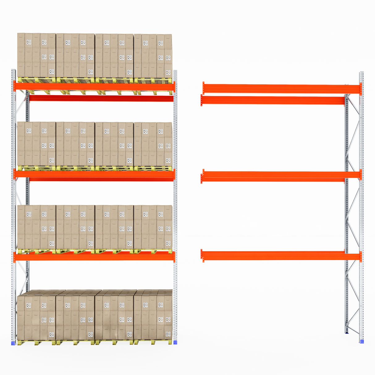 Four shelves with boxes beside an empty RackZone Pallet Racking 1100mm Starter.