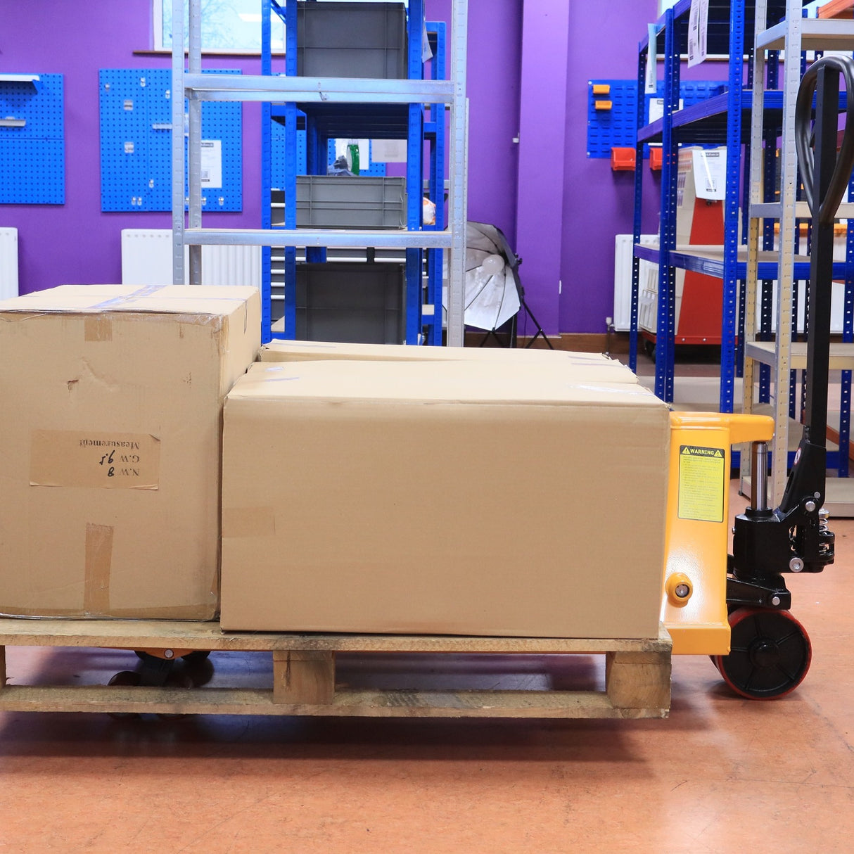 Two large boxes on a RackZone 2500kg pallet truck with PU wheels.