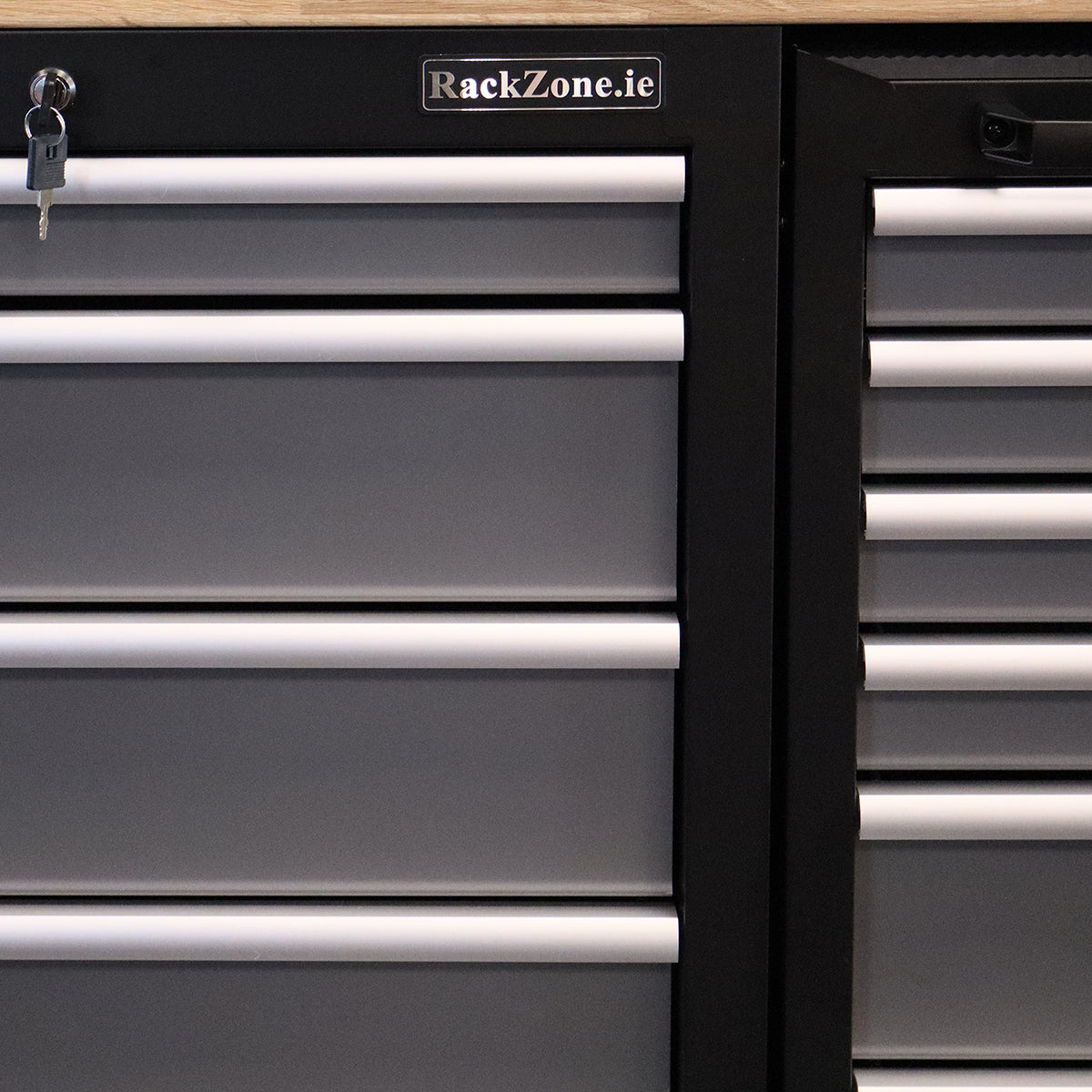 Close-up of RackZone Mega System drawers with silver handles and adjustable feet.