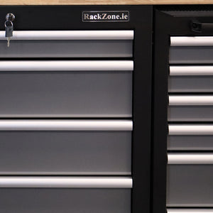Close-up of RackZone Mega System drawers with silver handles and adjustable feet.