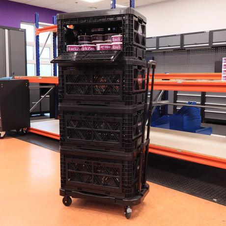 RackZone Foldable Picking Crate Dolly c/w Handle 48L in a storage area.