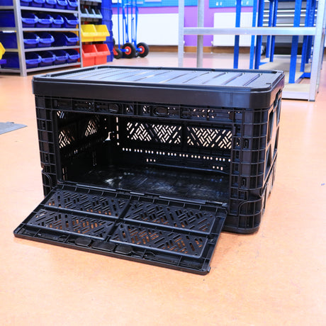 RackZone Foldable Picking Crate 48L with drop-down door on a brown floor.