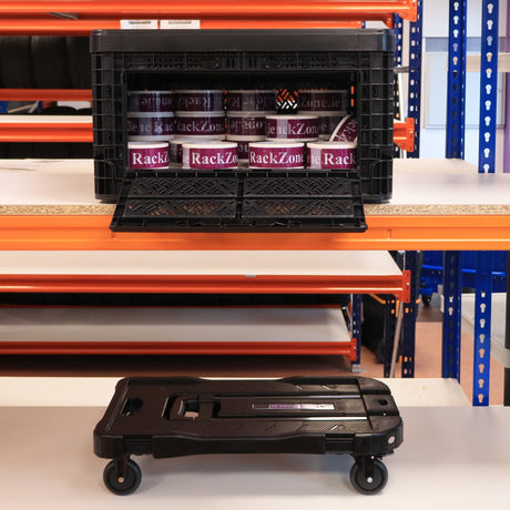 A RackZone 48L Foldable Picking Crate sits on shelving for order picking.
