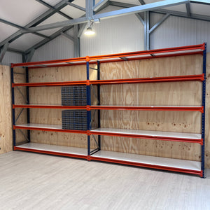 RackZone Longspan Shelving 400mm with timber extender, some plastic bins on shelf.