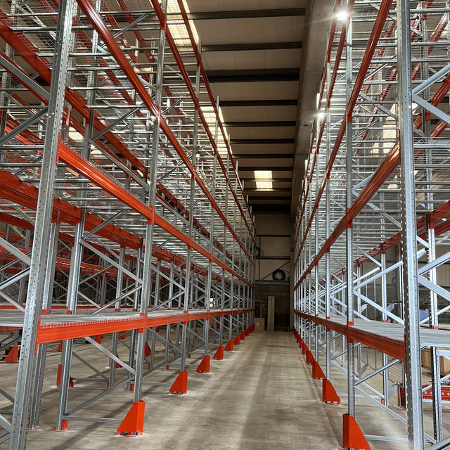High industrial shelving units in a warehouse setting