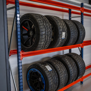 RackZone Tyre Racking 400mm Depth - Extender holds racing tires on shelves.