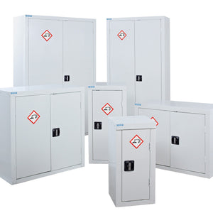 Set of white storage cabinets with hazardous material symbols on a white background
