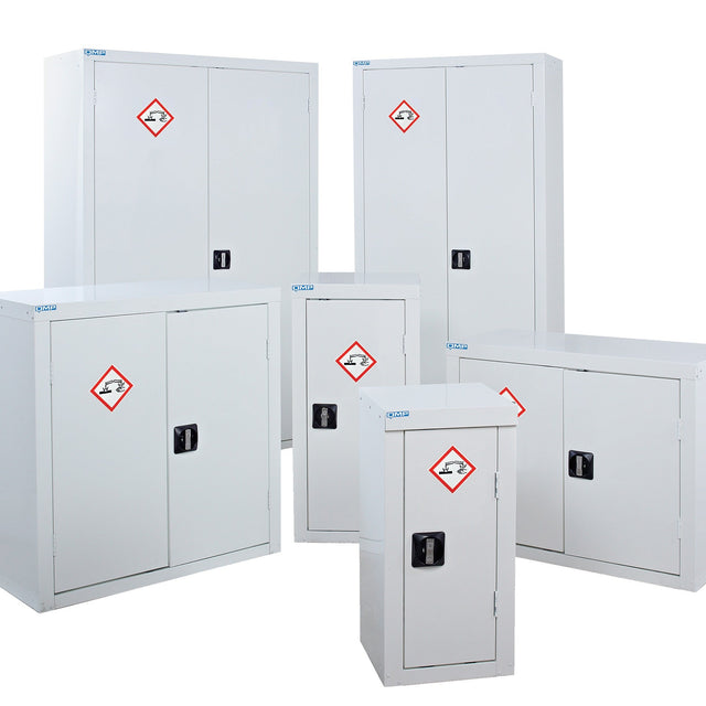 Set of white storage cabinets with hazardous material symbols on a white background