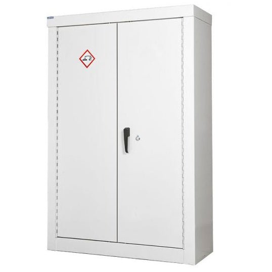 RackZone Acid & Alkali Cupboard, 3 shelves, 1800x900x460mm with warning label.