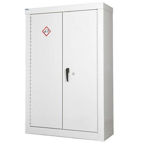 RackZone Acid & Alkali Cupboard, 3 shelves, 1800x900x460mm with warning label.