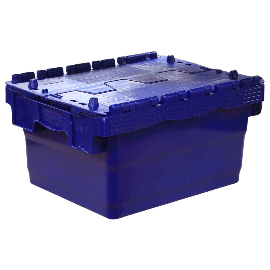 RackZone 24L blue attached lid container, 400x300x200mm, heavy duty plastic.