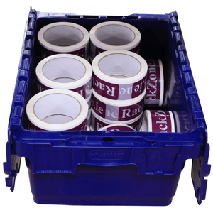 RackZone 24L blue attached lid container with branded packing tape rolls.