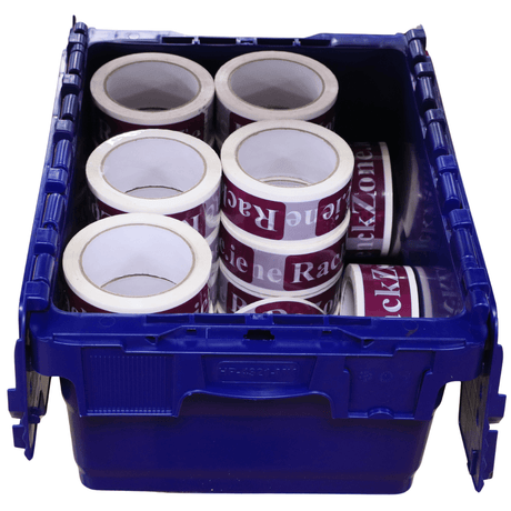 RackZone 24L blue attached lid container with branded packing tape rolls.