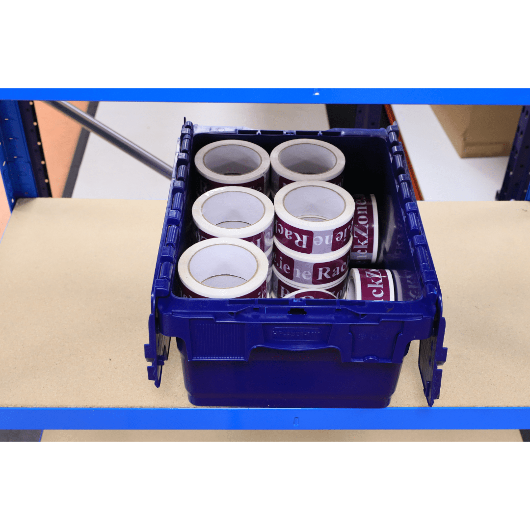 A RackZone 24L blue attached lid container holds six rolls of red tape.