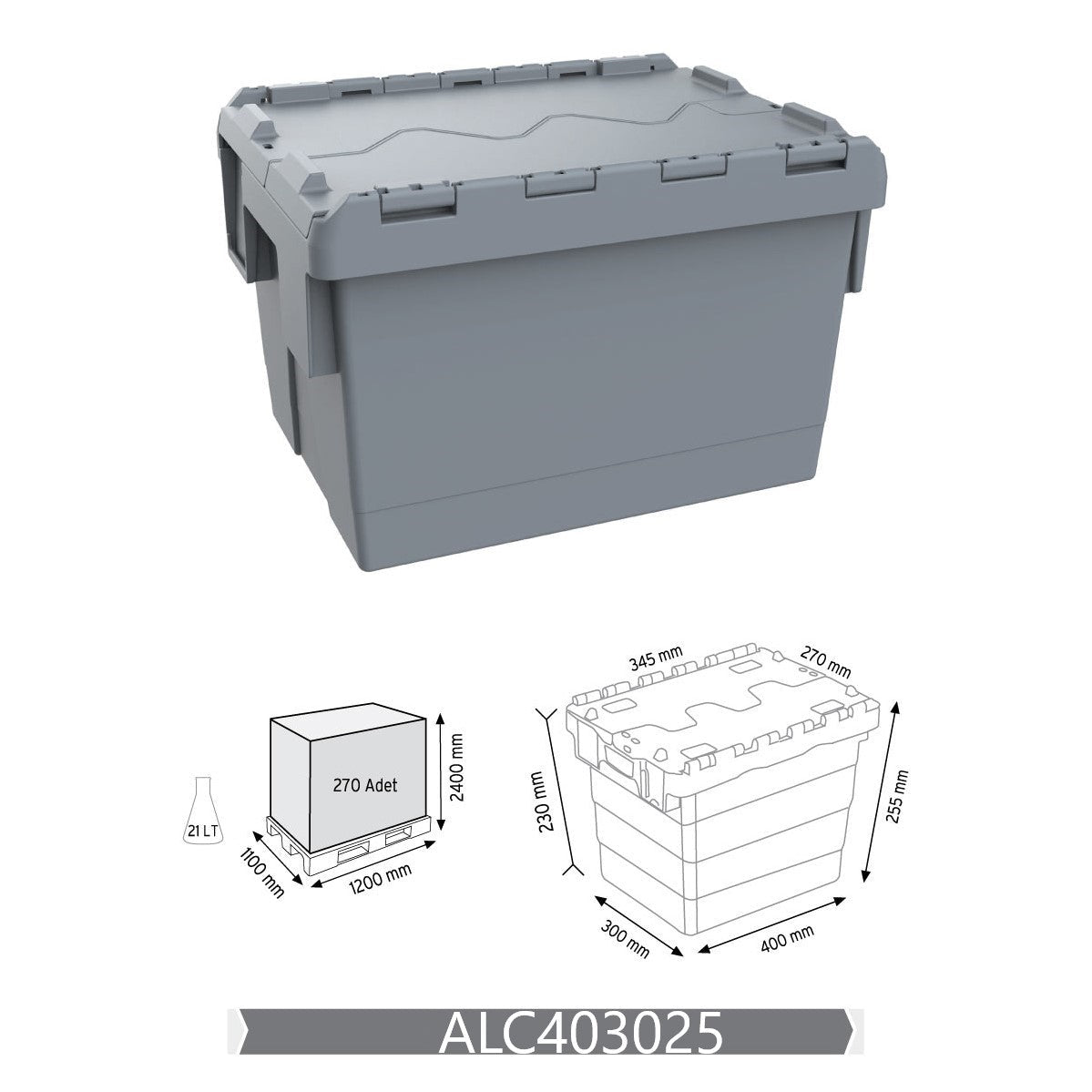 RackZone ALC 21L 400x300x250mm with lid, code ALC403025, includes diagram.