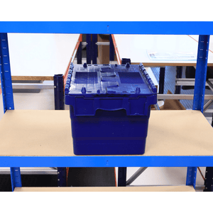 A RackZone 21L Attached Lid Container sits on a warehouse shelf.