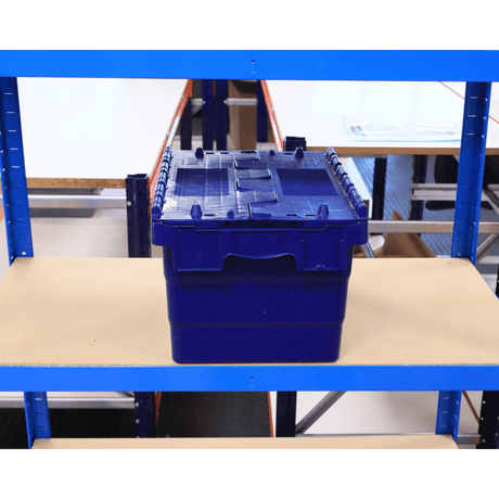 A RackZone 21L Attached Lid Container sits on a warehouse shelf.