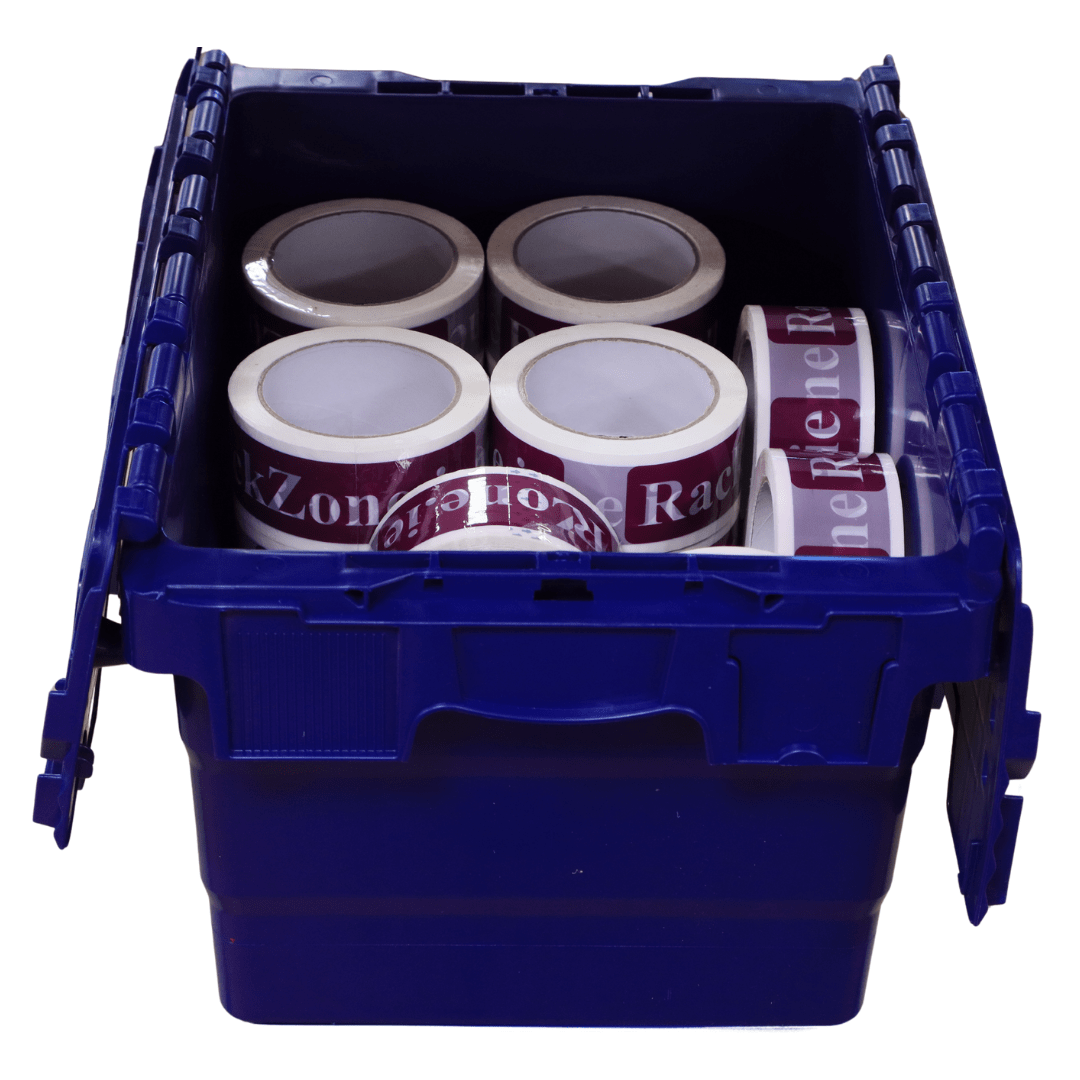 RackZone 21L blue attached lid container stores multiple rolls of printed tape.