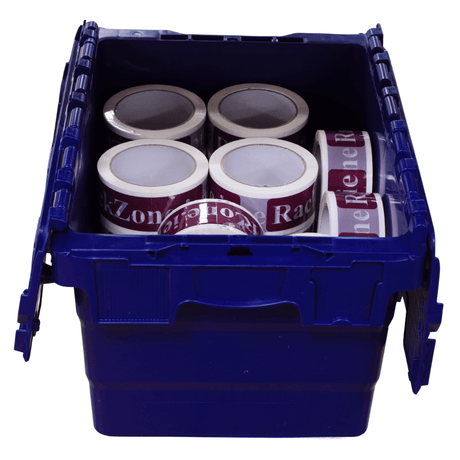 RackZone 21L blue attached lid container stores multiple rolls of printed tape.