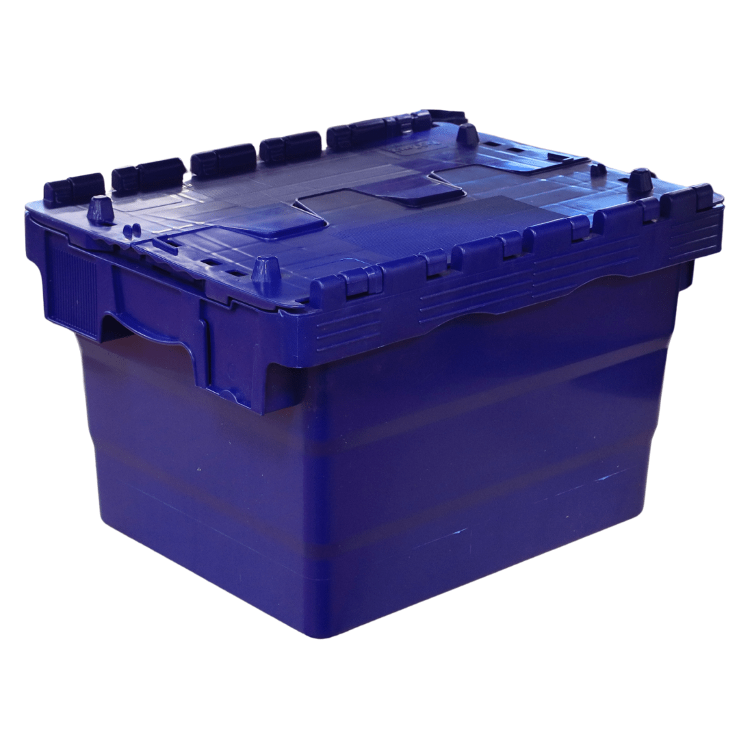 RackZone Attached Lid Container 21L, 400x300x255mm, Blue, closed and empty.