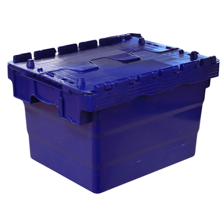 RackZone Attached Lid Container 21L, 400x300x255mm, Blue, closed and empty.