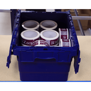 RackZone blue 21L attached lid container holds six rolls of printed tape.
