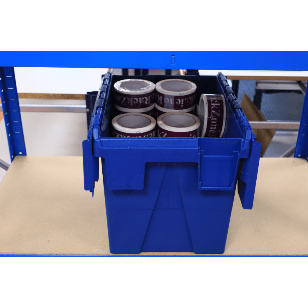 RackZone 27L blue container holds maroon tape rolls on a shelf.