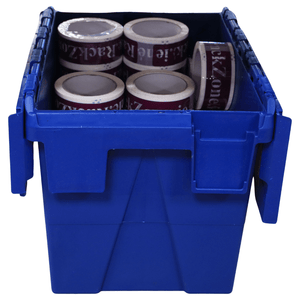 A RackZone 27L blue container holds rolls of printed adhesive tape.