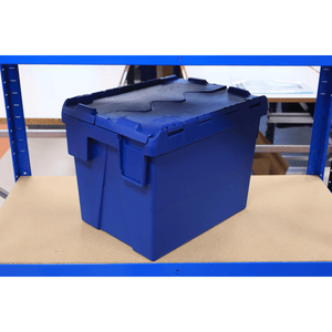 A RackZone 27L blue attached lid container sits on a wooden shelf.