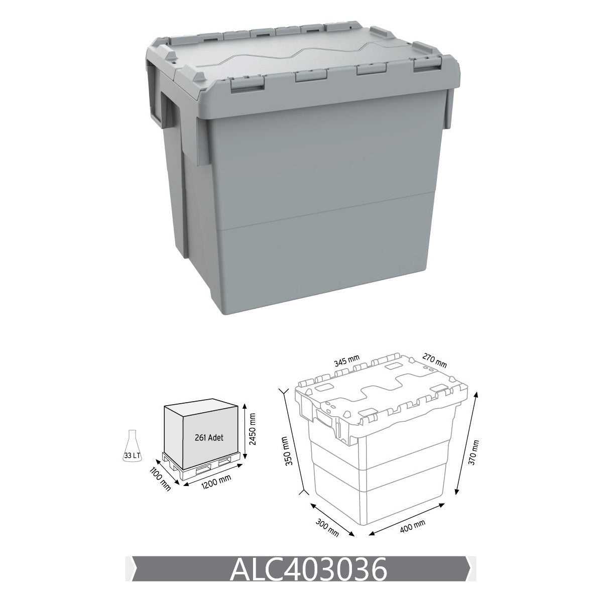 RackZone blue 33L attached lid container, pallet of 135, code ALC403036.