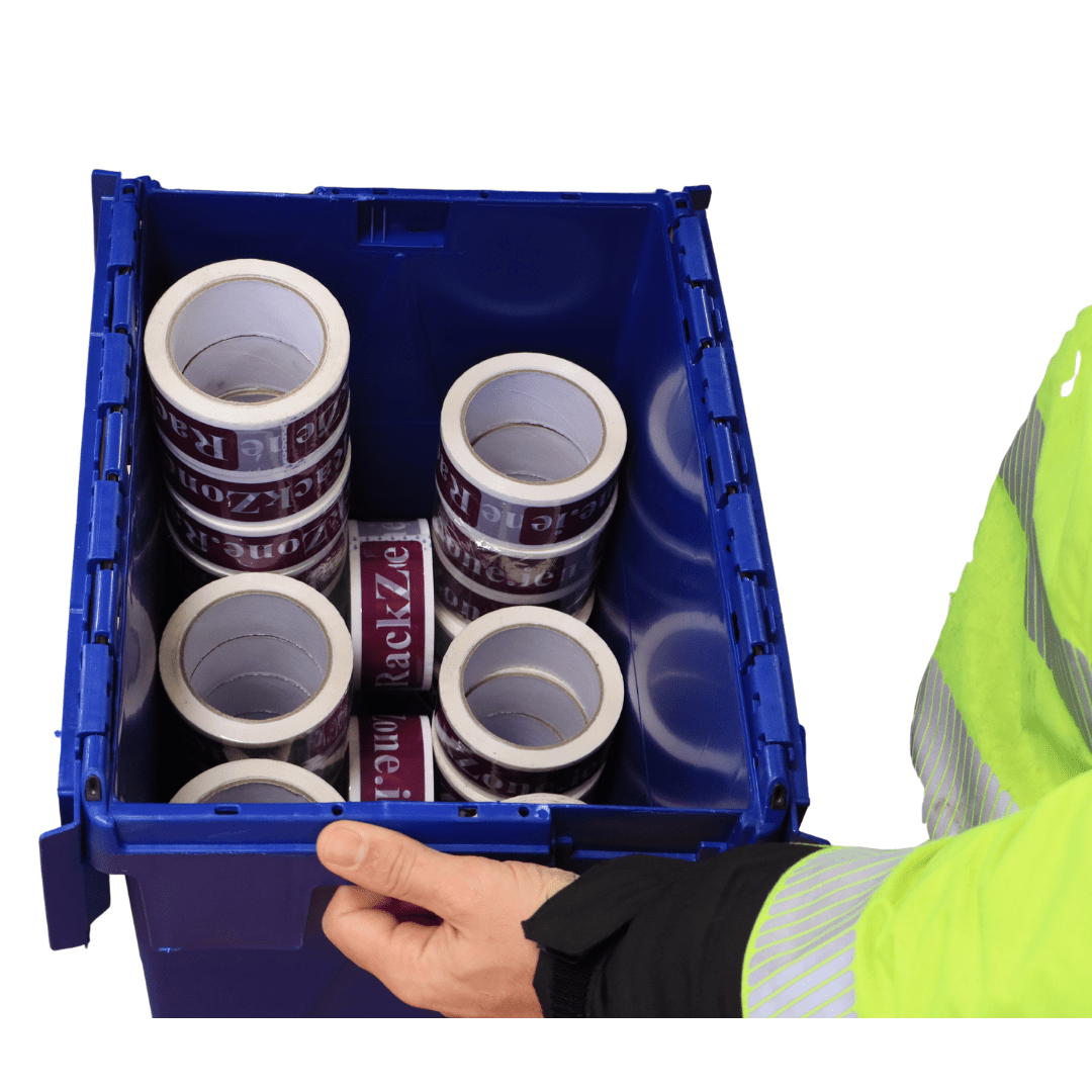 Person holding a blue RackZone 33L Attached Lid Container for storage.