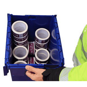 Person holding a blue RackZone 33L Attached Lid Container for storage.