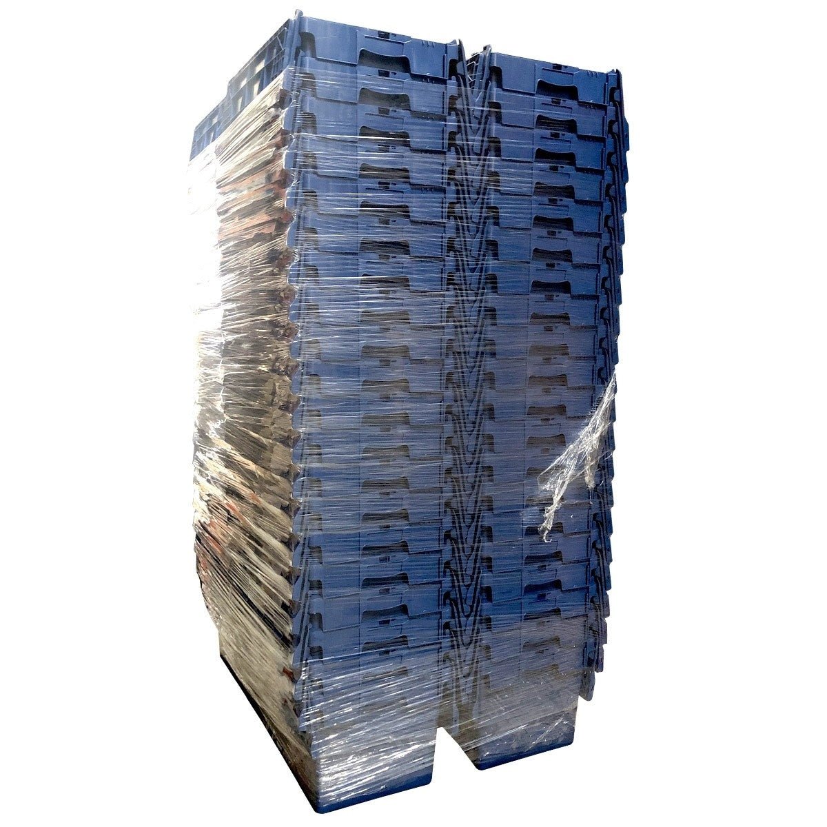 A pallet of 39 blue 44L RackZone containers wrapped in clear plastic.