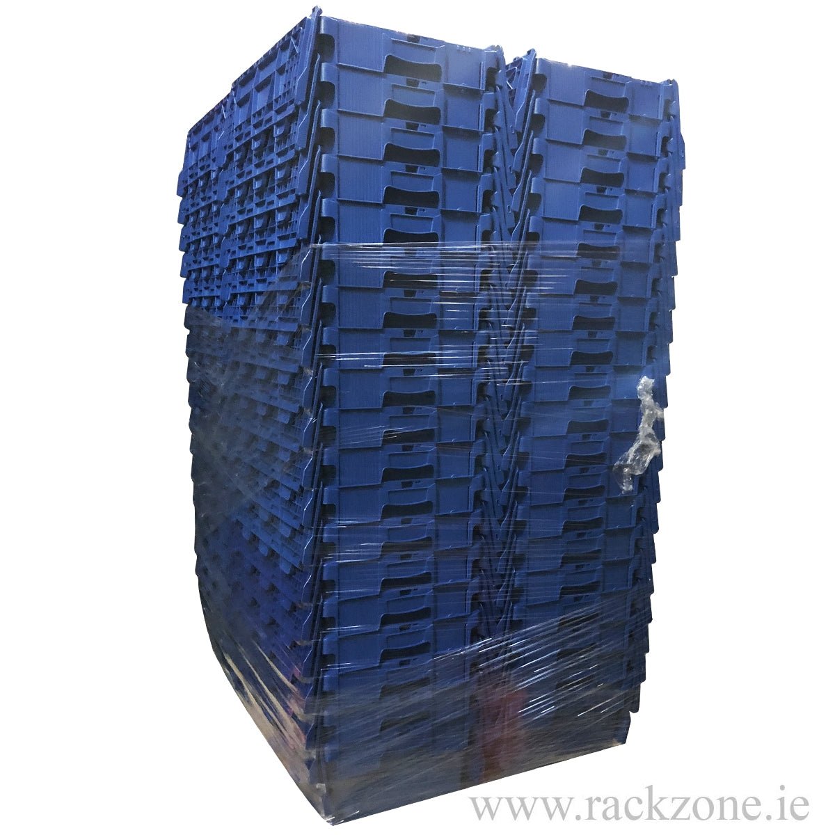 Stack of 78 RackZone 44L Attached Lid Containers wrapped for transport.