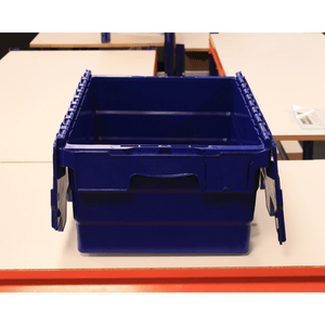 RackZone Attached Lid Container 44L, Blue, open and set on a table.