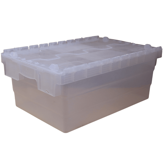 RackZone Attached Lid Container 44L, transparent, 600x400x250mm, shown on white.